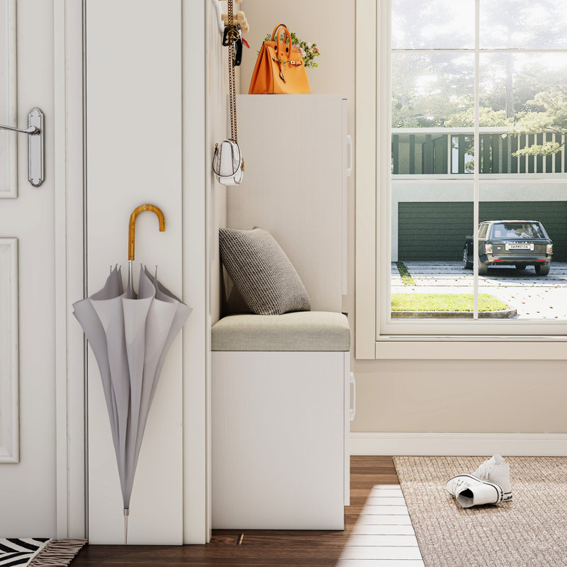 Élégant étagère à chaussures avec banc et 7 + 3 compartiments de rangement, blanc, réglable pour armoire multifonctionnelle