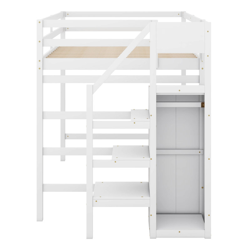 Jakema Full Size Loft Bed with Built-in Storage Wardrobe and Staircase, White