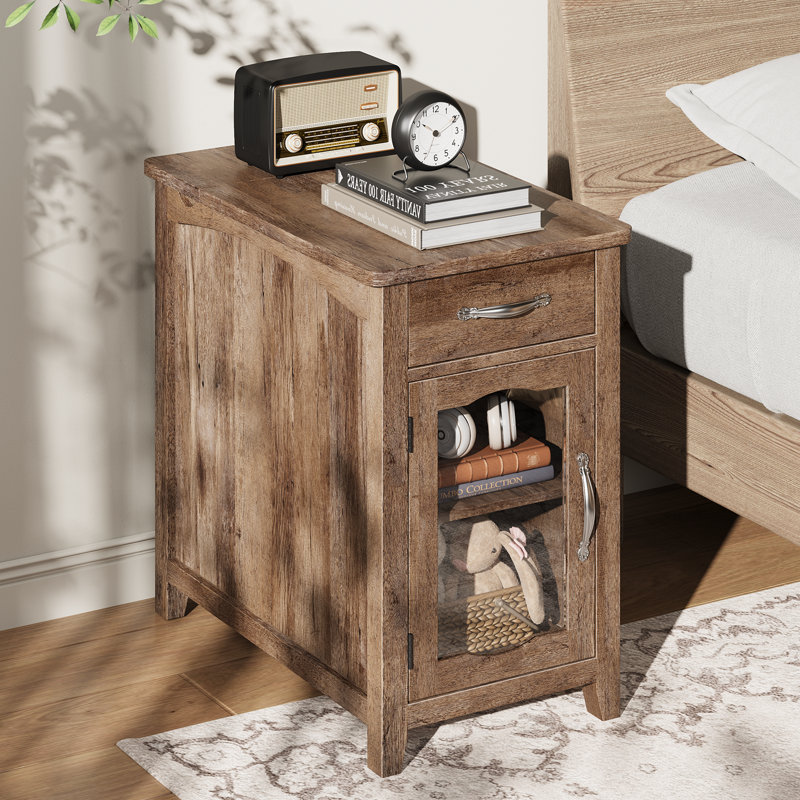 Analiesa 23.5'' Tall End Table with Charging Station and Storage, Farmhouse Nightstand for Living Room, Bedroom and Small Spaces