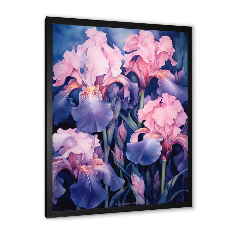 «Pink Blue Iris Petals II», reproduction sur toile, Cadre photo noir, H 32 po x l 16 po x P 1 po
