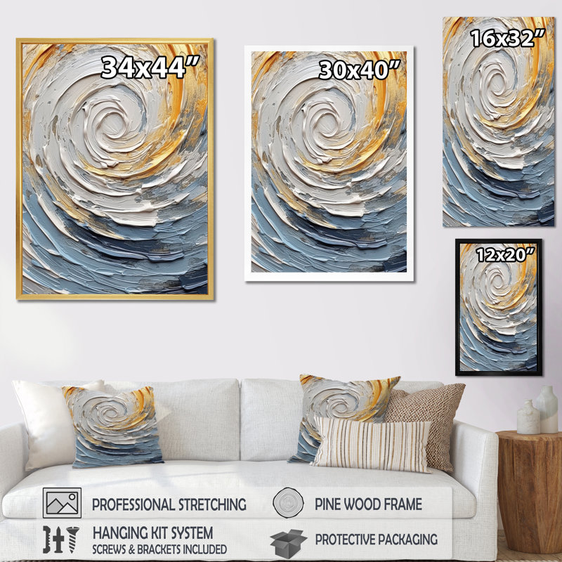 «Gold and Blue Vibrant Spirals V», reproduction sur toile, Cadre flottant doré, H 32 po x l 24 po x P 1 po
