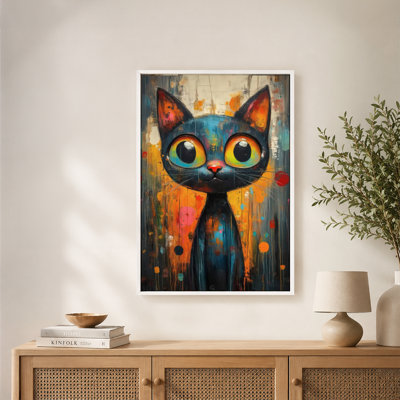 «Colorful Cat», grands yeux vibrants, art mural sur toile abstraite avec cadre flottant, prêt à être accroché