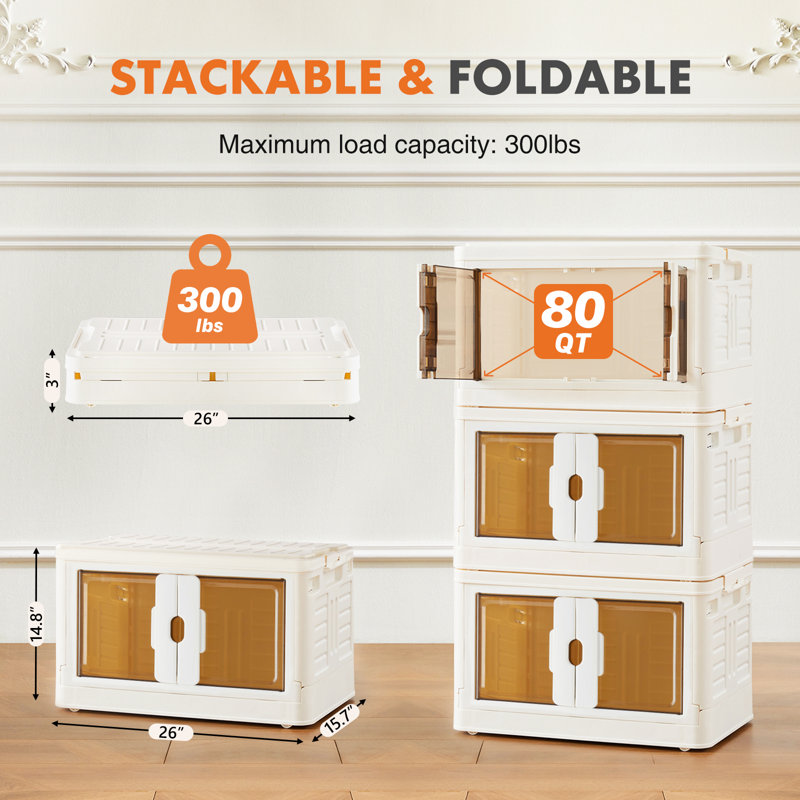 Trois bacs de rangement empilables en plastique à trois couches, avec couvercles, portes et roues, 240 pte