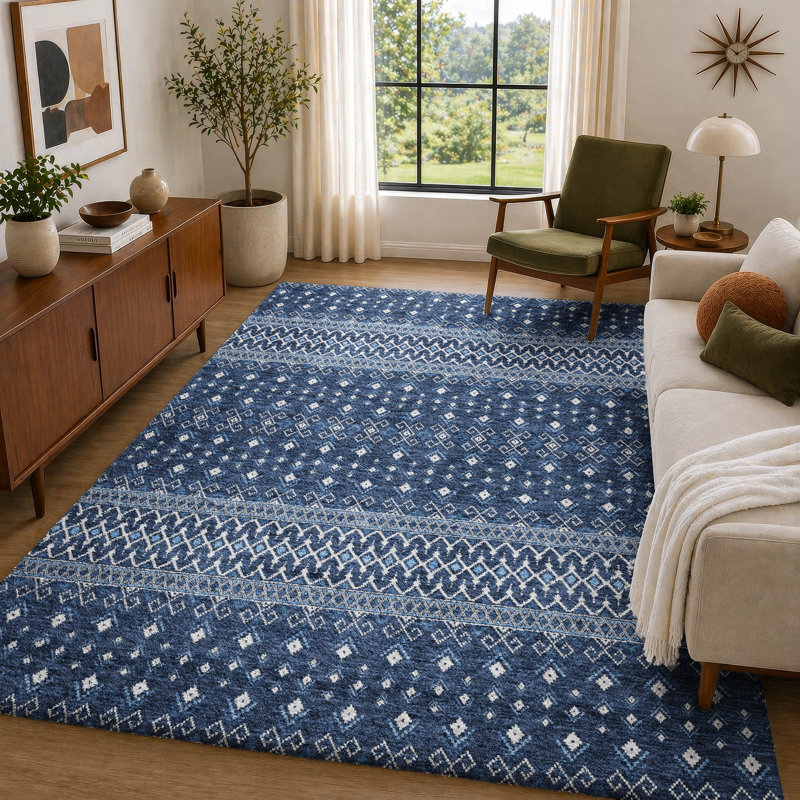 Tapis bohème ADS708 de qualité supérieure lavable à la machine, Marine, 9 pi x 12 pi
