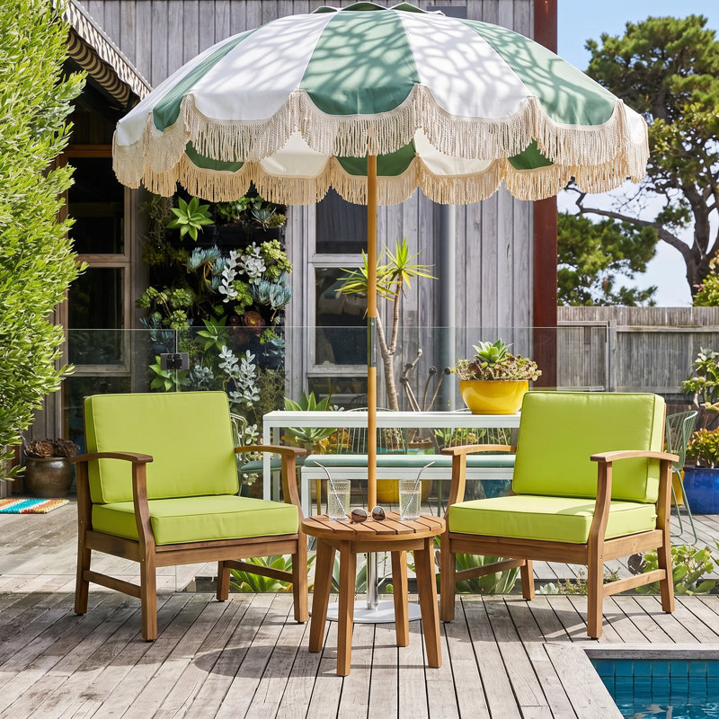 Gustau Outdoor 3-Piece Acacia Wood Conversation Set With Slatted Design & Cushions, Green, Teak