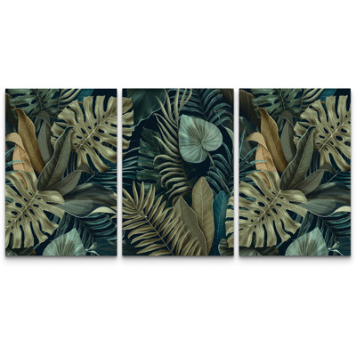 «Layered Tropical Foliage» en vert foncé et bleu sarcelle - reproduction d'art sur toile encadrée, 3 pièces