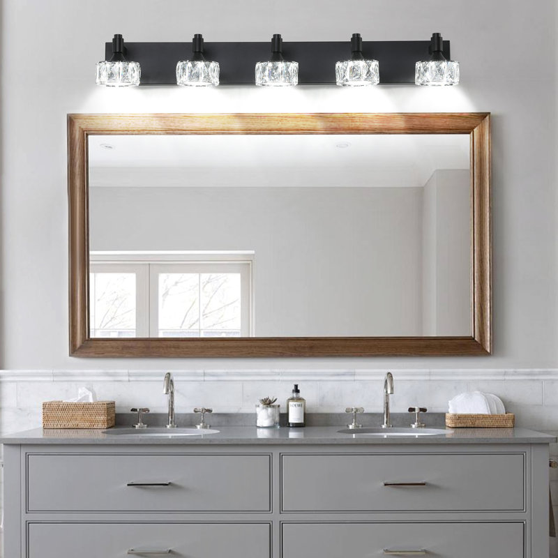 4- Matte Black Led Bathroom With Crystal Glass Lampshade For Home Decor Vanity, 4.74" H x 7.99" W x 28.13" D, 4