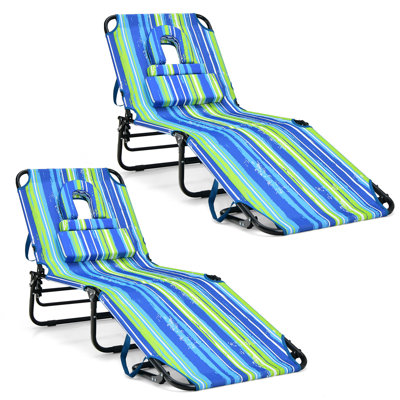 Arlmont & Co. 2 Pcs Beach Chaise Lounge Chair With Face Hole Pillows & Adjustable Backrest