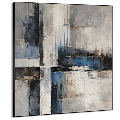 Impression sur tissu grand format - Motif géométrique abstrait bleu, noir et blanc pour salon ou chambre - « Assemblage du cadre requis (cadre non fini) »