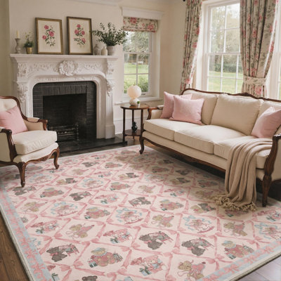 Tapis bleu / rose / beige lavable à la machine à motif d'ours avec envers antidérapant