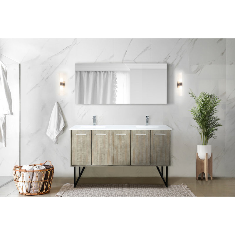 Meuble-lavabo double 60 po Rustic L 20 po, avec comptoir en quartz blanc, robinet, tiroirs à fermeture en douceur et capacité de rangement attrayante