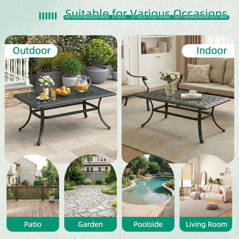  Cast Aluminum Outdoor Coffee Table, 41.98 X 20.98 Inch Rectangular Patio Conversation Table With Lattice Top, Rust-Resistant All-Weather Center Table For Deck, Backyard, Porch, Antique Bronze
