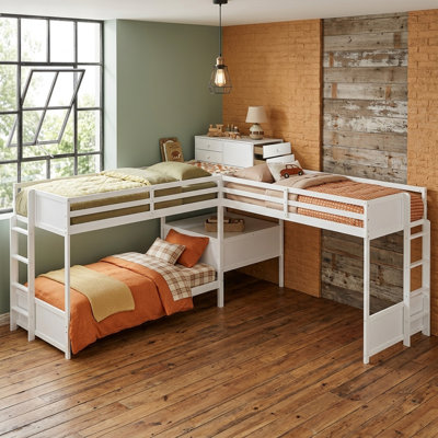 L-Shaped Bunk Bed with Storage Drawers and Built-in Charging Station, Wooden Twin Size Bed Frame Corner Lofted Bed System for 3-4 Kids Teens, Solid Pine Heavy Duty Sleepover Furniture, No Box Spring Required