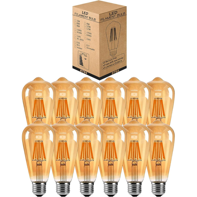 LEDSone LED Edison Bulb, Vintage Light Bulb,4W/6W/8W E27 2700K Warm White ST64 LED Bulbs, Led Filament Bulbs, Dimmable Antique Style Retro Amber Glass Screw Lamp 220V
