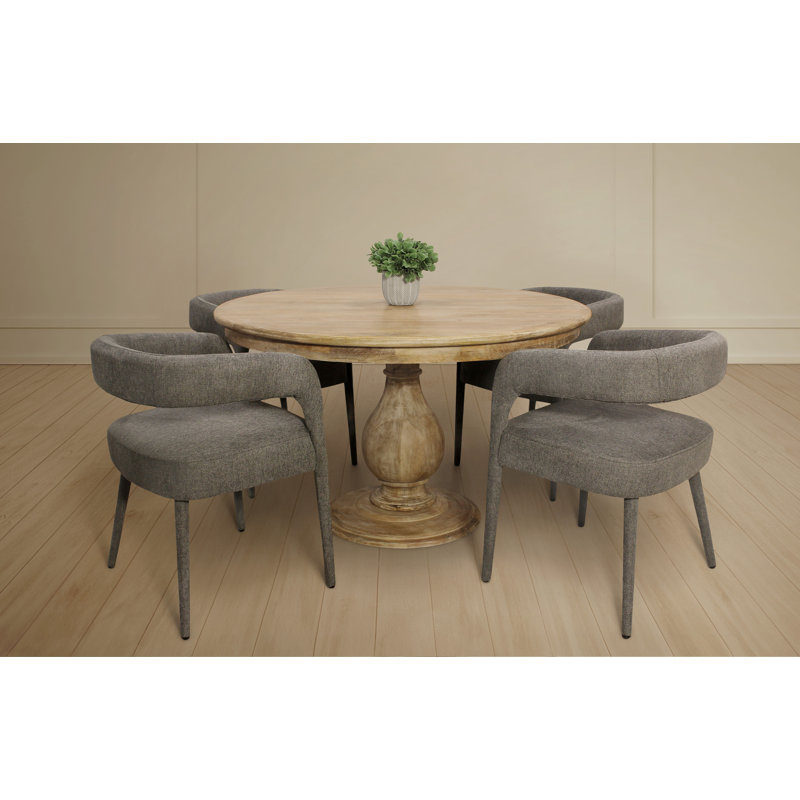 Jenna 48" Round Dining Set With 4 Galway Chairs In Modern Linen Fabric, Gray