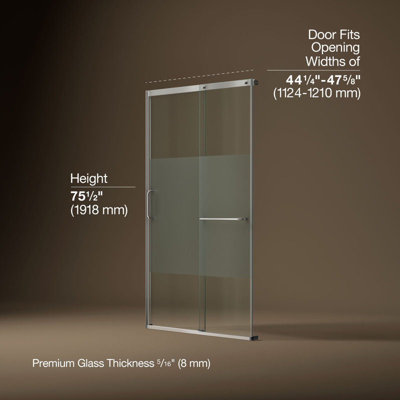 Elate Tall Sliding Shower Door, 75-1/2-In H X 44-1/4 - 47-5/8-In W, With Heavy 5/16-In Thick Crystal Clear Glass With Privacy Band
