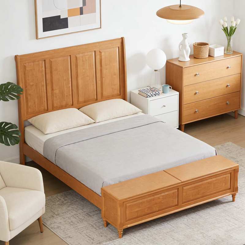 Lit plateforme robuste avec tête de lit haute et banc de rangement, aucun sommier requis, Grand lit, Naturel