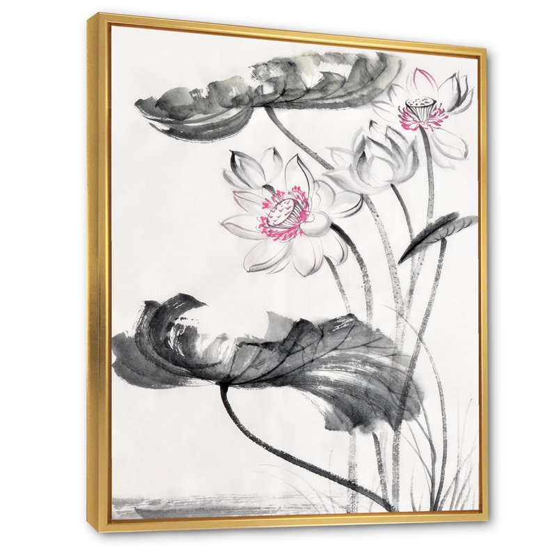 Fleurs de lotus rétro - reproduction sur toile, H 40 po x l 30 po x P 1 po, Toile encadrée d'or