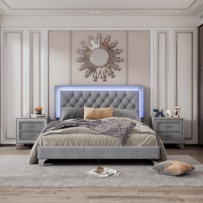 3-Piece Queen Bedroom Set With Upholstered LED Platform Bed & 2 Nightstands, Modern Storage, Gray by Mercer41