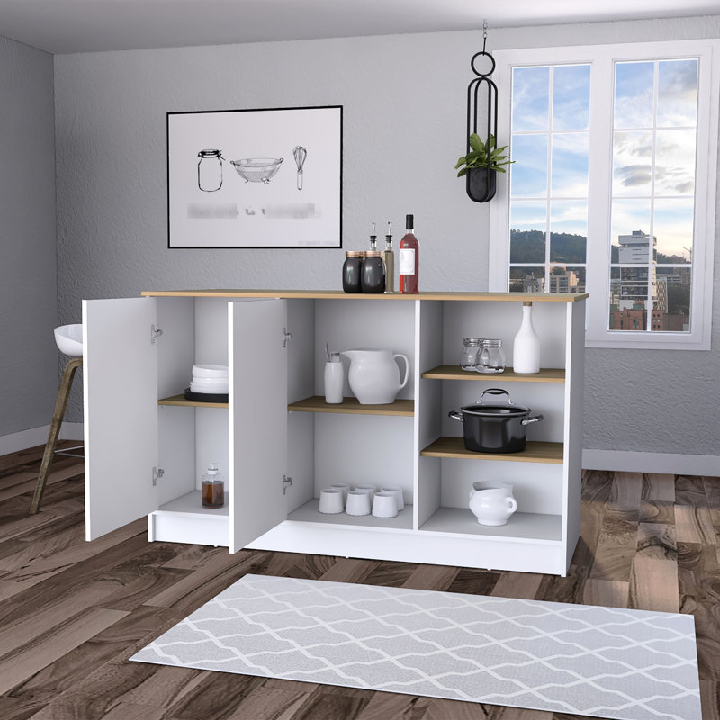 2-Door Kitchen Island With Ample Storage In Modern White And Ash 35.6-Inch Tall 59-Inch Wide Surface For Use