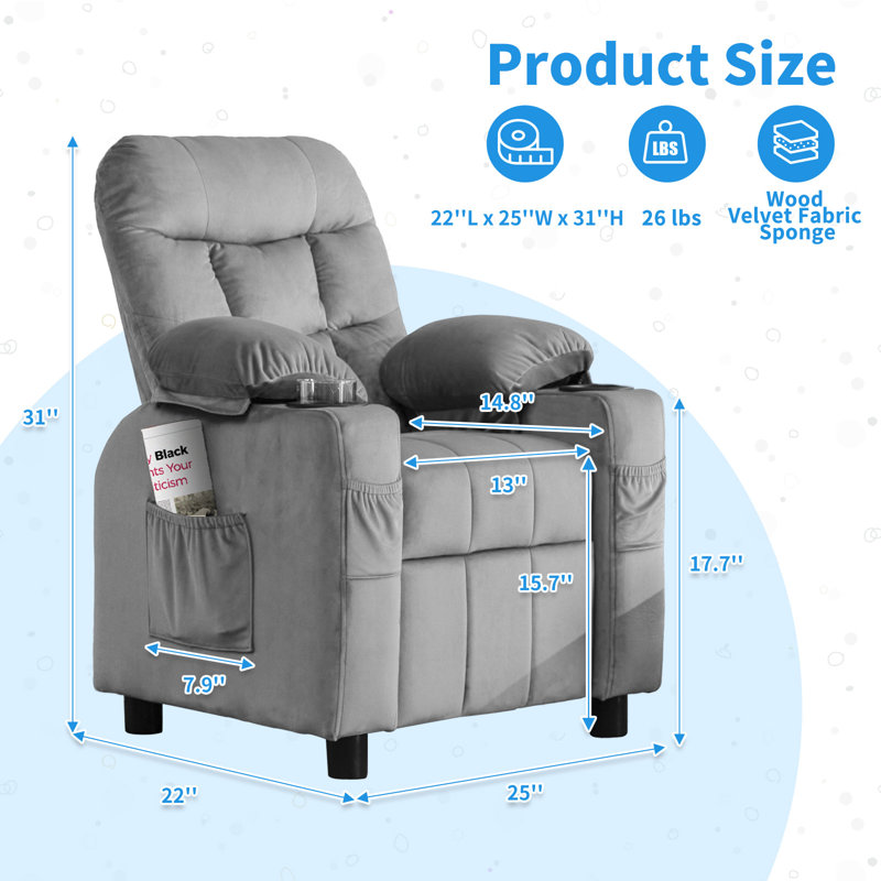 Kids 15.7'' Recliner with Cup Holder, Ergonomic Adjustable Velvet Lounge Chair with Collapsible Footrest & Side Pockets, Toddlers Kids Baby Sofa for Bedroom