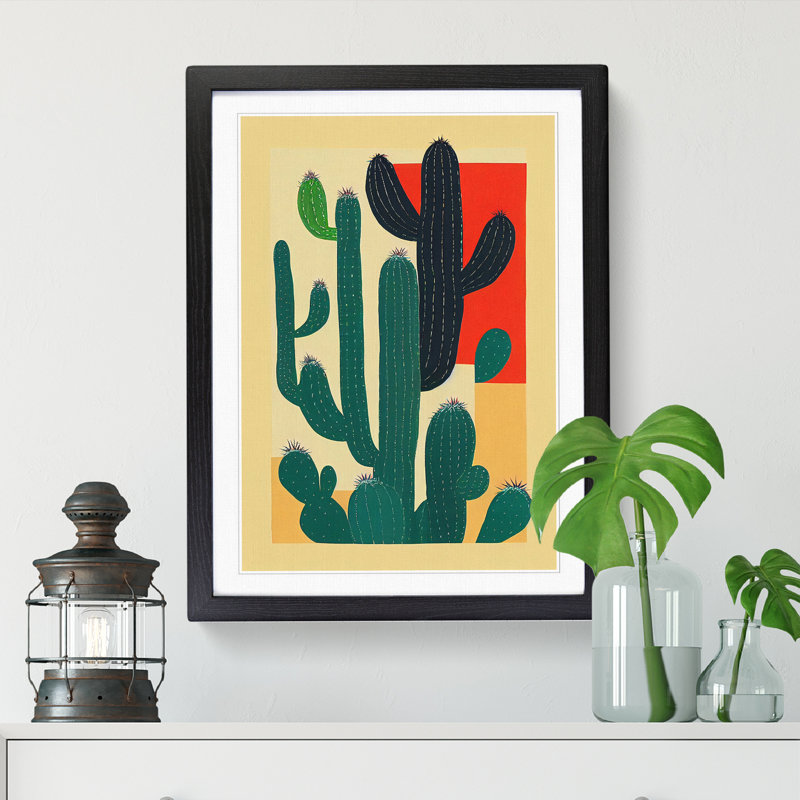 FRM-V0523-345X Cactus Cacti Patchwork - Single Picture Frame Print, Black Framed, 64cm H x 46cm W x 2cm D