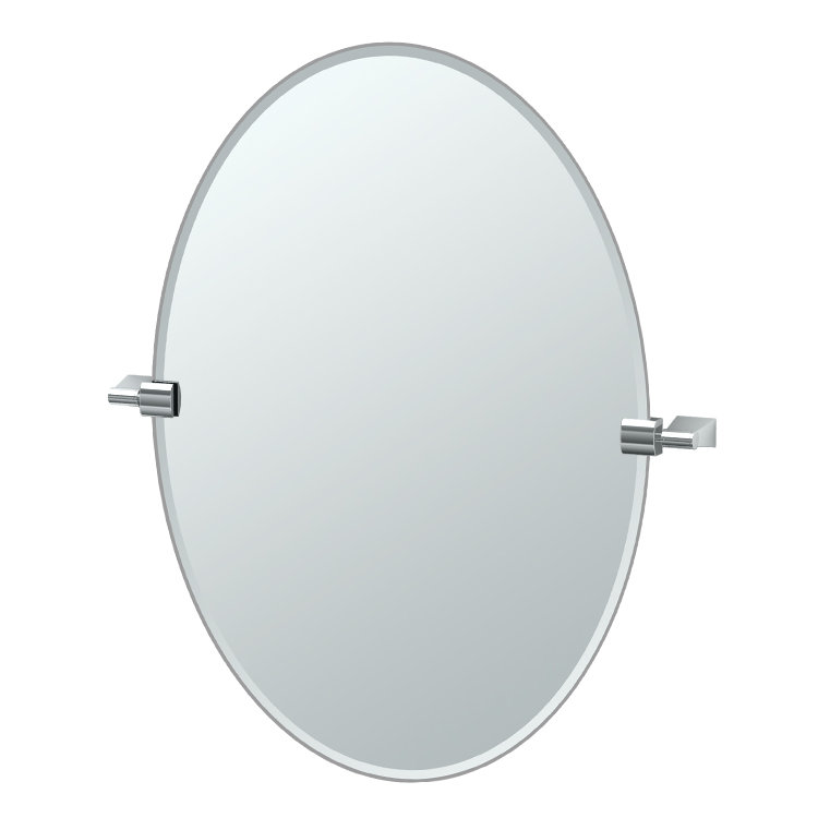 Bleu Wall Mount Beveled Frameless Bathroom Mirror | Pivoting Oval Mirror, Satin Nickel, 26.5" H x 19.5" W