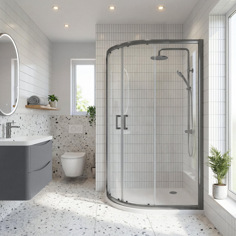 nuie Rene 1200mm Brushed Pewter Framed  Offset Shower Enclosure