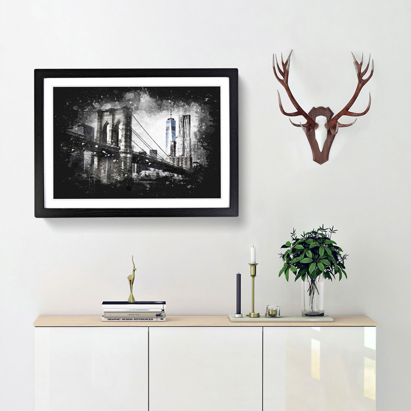 Brooklyn Bridge in New York - Picture Frame Painting Print, Black Framed, 24cm H x 33cm W x 2cm D