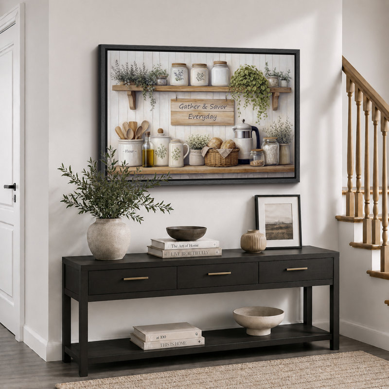 «Gather And Savour Everyday Farmhouse Tablette de cuisine», images de cuisine, impression sur toile encadrée, Cadre noir