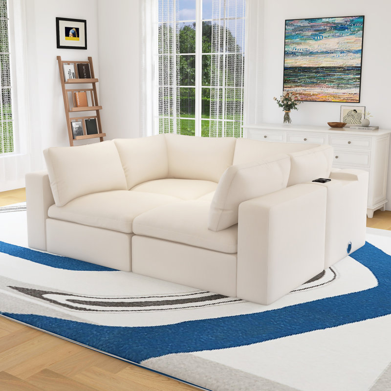 Upholstered Modular Sofa With With Storage Space, Beige Cotton