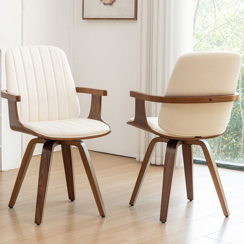 Modern Upholstered Leather Swivel Dining Chairs, Beige