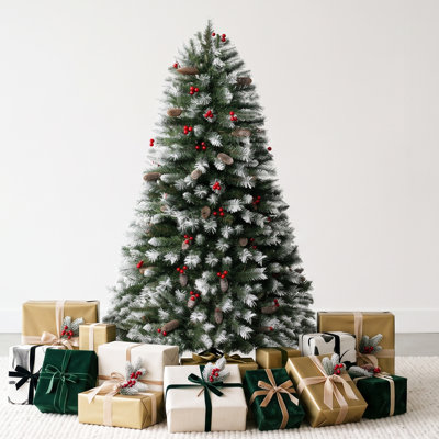 Arbre de Noël réaliste épinette artificiel givré avec pommes de pin, fausses baies, 200 lumières chaudes et base en métal