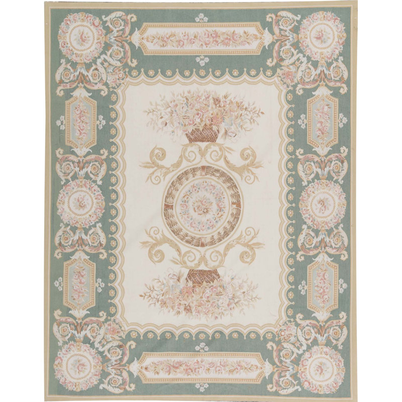 Tapis vert et brun clair de haute qualité noué à la main