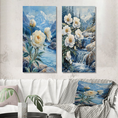 Pivoines blanches et les eaux glaciaires I - Ensemble de 2 impressions murales pivoines en métal