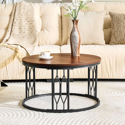 Table basse ronde en panneau de fibres à densité moyenne de 27,5 pouces de diamètre. Une table basse ronde pour le salon au design industriel rustique, avec des pieds en métal robustes et un assemblage facile.