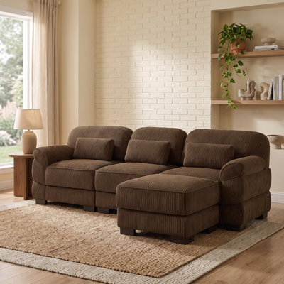 Cloud Couch Oversize L-Shaped Sectional Sofa with Ottoman - Brown Corduroy 3-Seater for Living Room or Bedroom