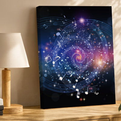Toile, un vortex tourbillonnant et vibrant de notes de musique et de symboles, art mural illuminé dans un spectre de bleus et de blancs mauves sur toile