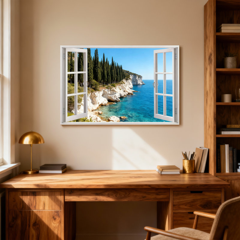 Paysage et nature Paysage côtier avec mer bleue et arbres verts, H 32 po x l 48 po