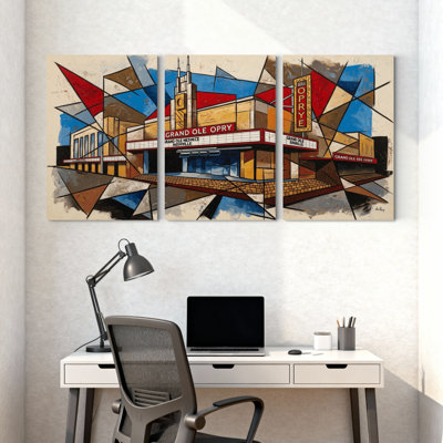 Cities &Countries Geometric Abstract Grand Ole Opry Building Art Set of 3 Canvas Wall Art Prints