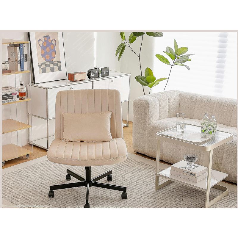 Criss Cross Armless Office Chair With Wheels - Versatile For Home Office, Meditation & Makeup, Beige