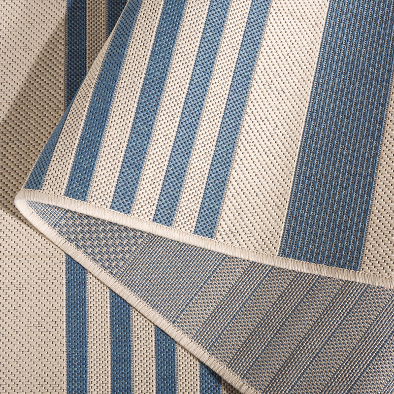 Beige and Blue Striped Synthetic Indoor/Outdoor Rug, 5'3" x 7'6"