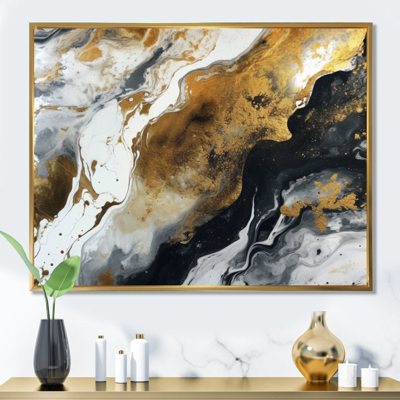 Or noir veines de couleur I - impressions abstraites d'art mural, Cadre flottant doré, H 12 po x l 20 po x P 1 po