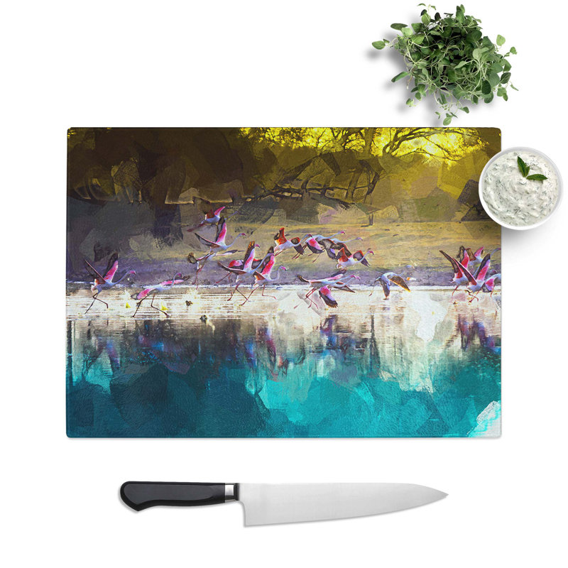 Glass Flamingos Taking Flight in Abstract Chopping Board, 39 cm W x 28.5 cm L