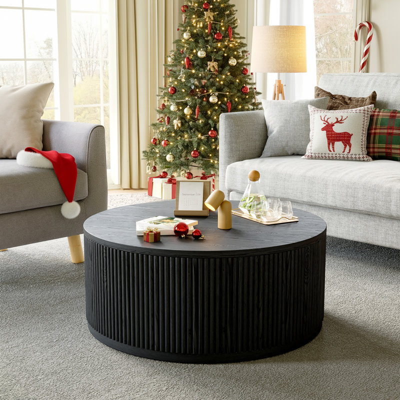 Table basse ronde en bois massif de 36,5 po avec conception cannelée, Noir