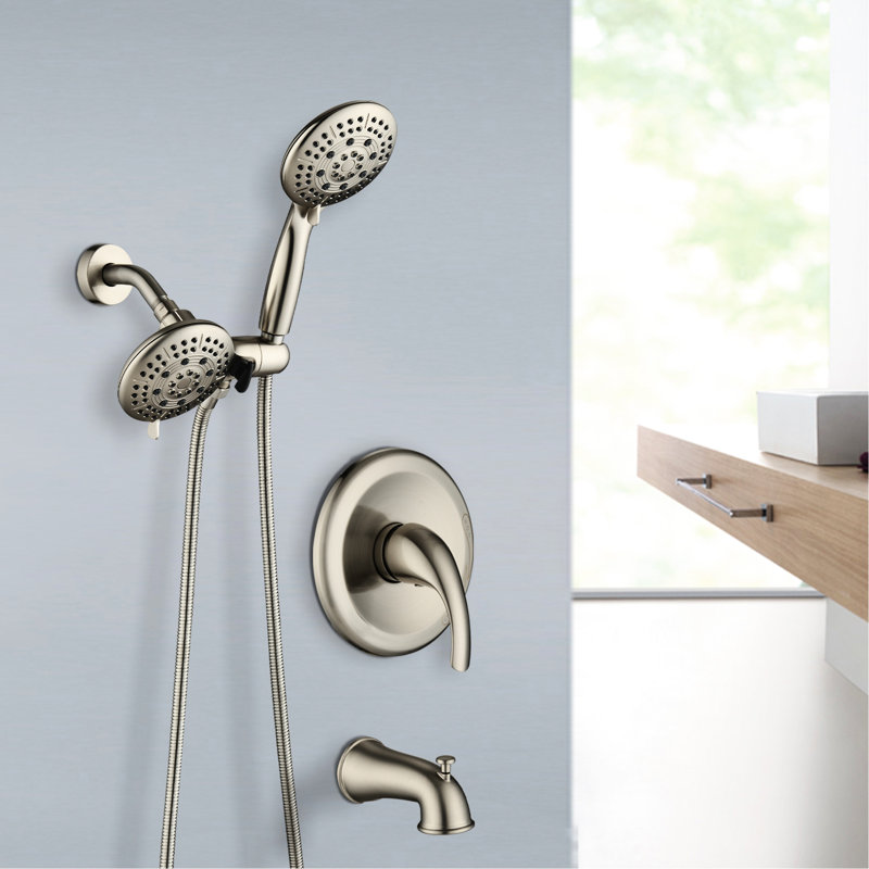 Pomme de douche à 6 fonctions avec poignée simple et à main - haute, fixation murale, fixe, débit de 1,8 gallon par minute, robinet de baignoire tout en métal brut, motifs de jet, structure double en nickel brossé, ABS, trous