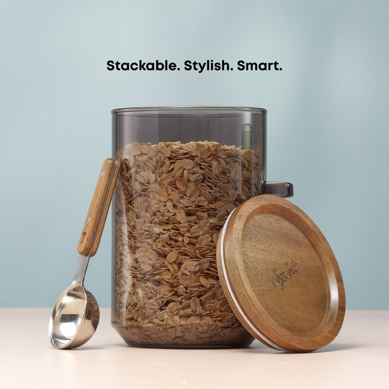 Ensemble de pots de rangement en verre empilables Holden avec couvercles en bois et plateau, Gris