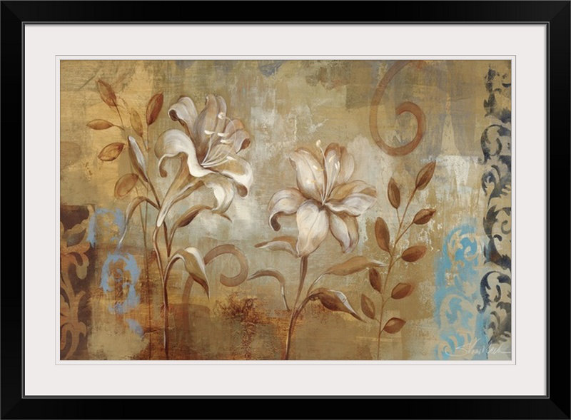 «Flowers on Silver I» par Aniessa, reproduction d'art, H 20 po x l 26 po x P 1 po, Cadre noir