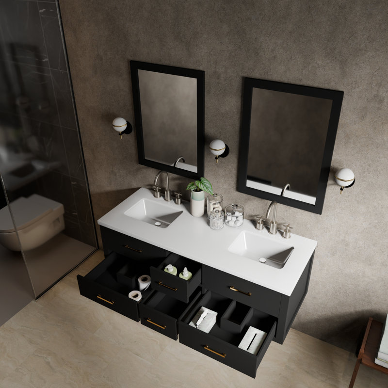60" Wall-Mounted Double Bathroom Vanity Set, White Quartz, Black