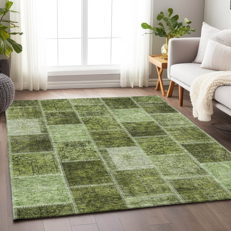 Tapis olive Prisco lavable à la machine de qualité supérieure, Rectangulaire 8 pi x 10 pi